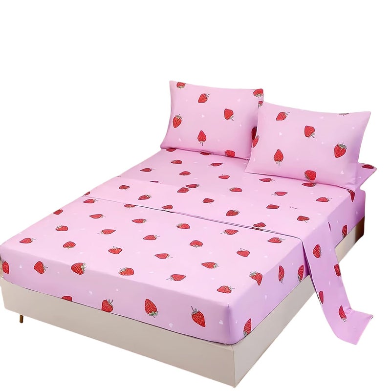 SDY 4PCS ملاءات الفراش الفراولة حجم الملكة الأحمر والوردي الفراولة طباعة ورقة مجموعة مع 1 Kawaii أعلى ورقة مسطحة + 1 جيب عميق المجهزة ورقة + 2 وسادة للفتيات في سن المراهقة - Image 1